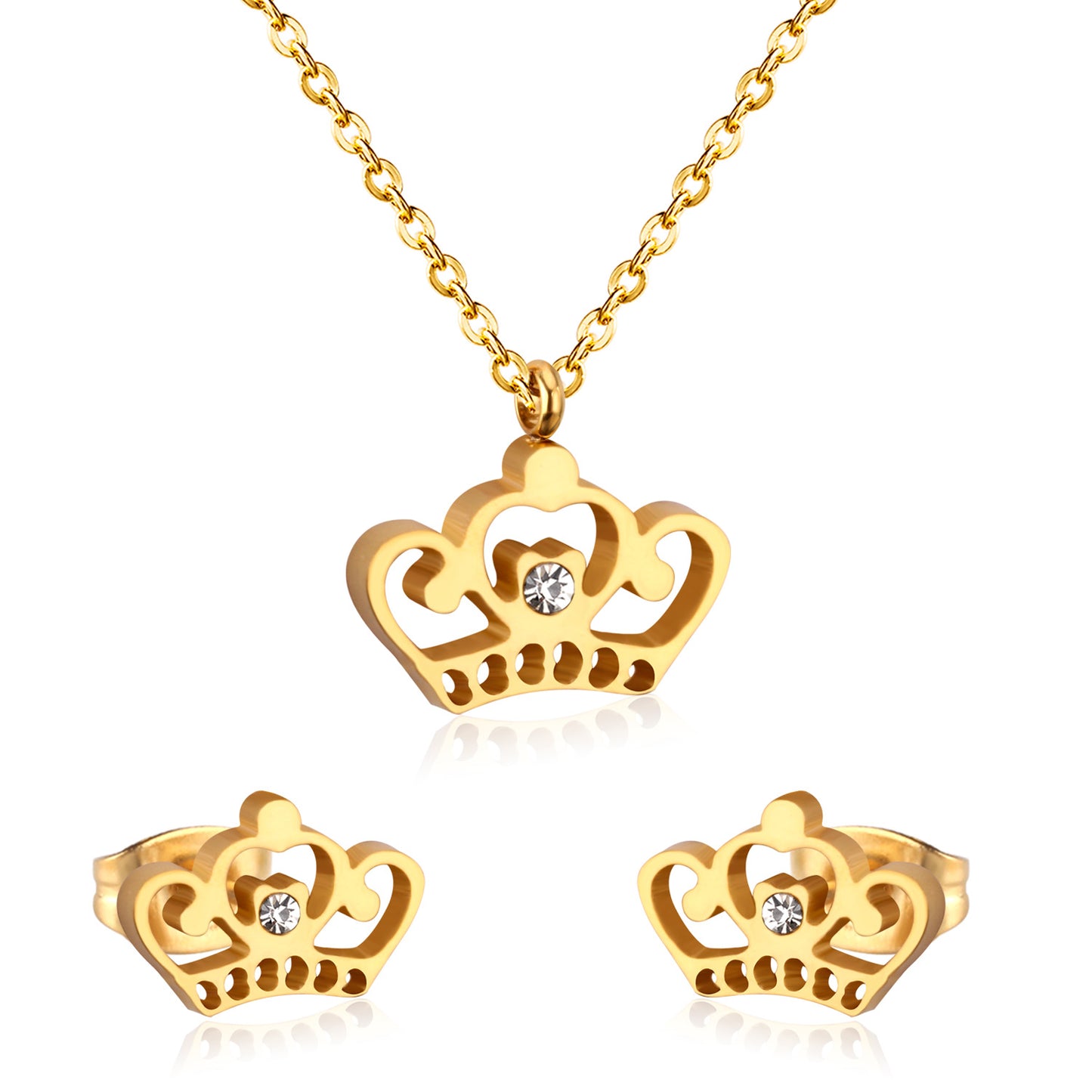 Royal Sparkle Set: Crown Pendant Necklace & Earrings