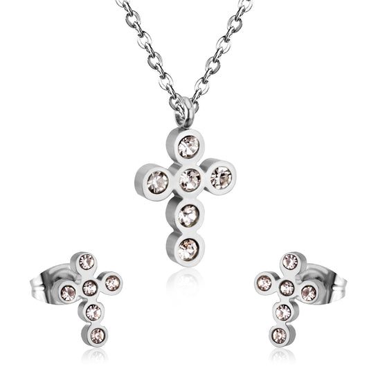 Ensemble Croix en Cristal : Pendentif et Boucles d'Oreilles