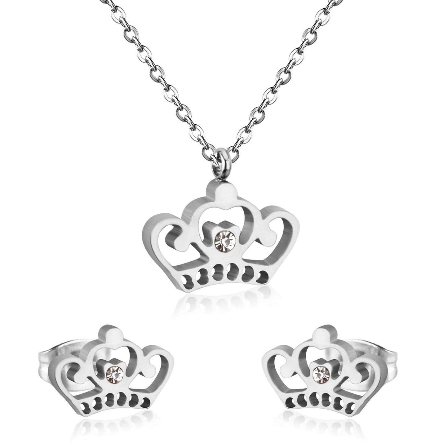 Ensemble Royal Sparkle : collier pendentif couronne et boucles d'oreilles